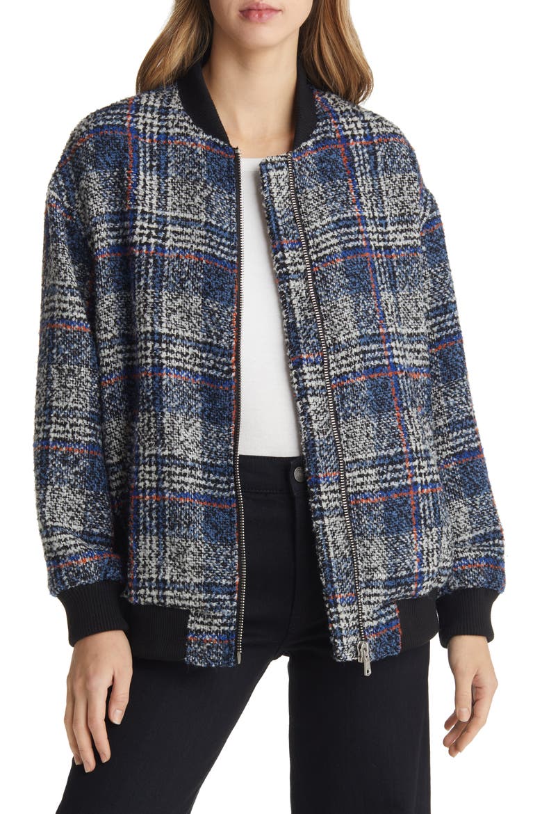Plaid Tweed Bomber Jacket, Main, color, BLUE BOUCLE PLAID