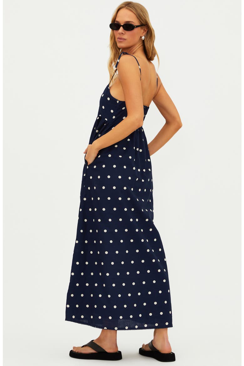 Valory Tie Strap Cotton & Linen Cover-Up Maxi Dress, Alternate, color, NAVY POLKA DOT