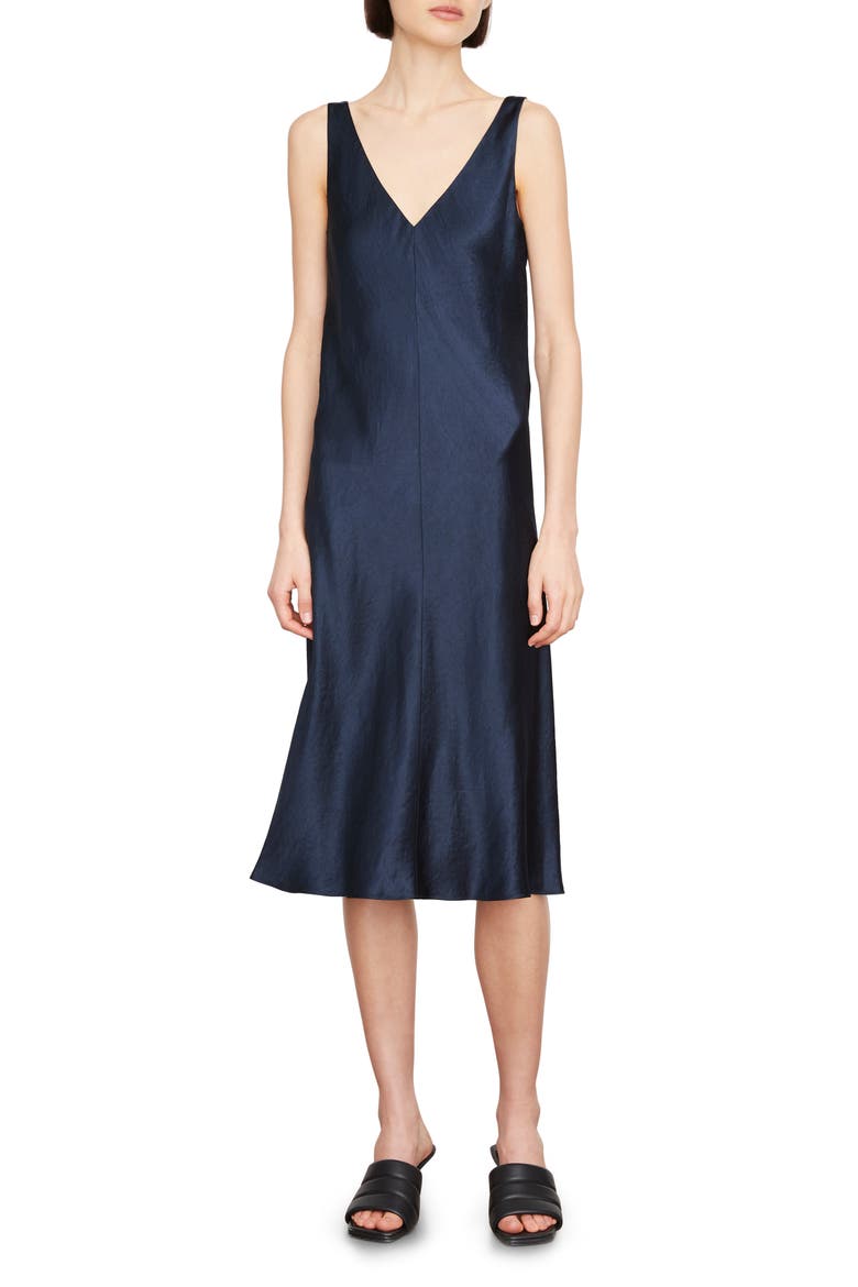 Double V-Neck Satin Midi Slipdress, Main, color, COASTAL