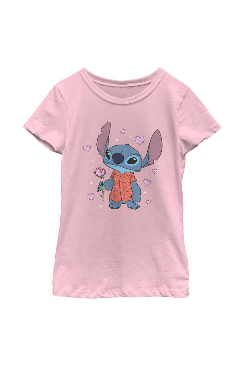 Girl's Lilo & Stitch Rose Hearts Stitch  Graphic T-Shirt, Main, color, Light Pink