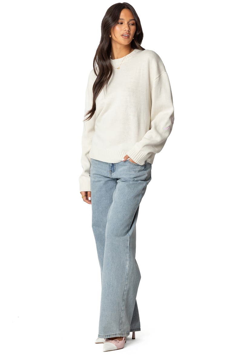 Rutie Bow Appliqué Crewneck Sweater, Alternate, color, WHITE