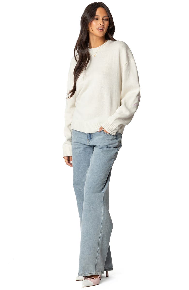 EDIKTED Rutie Bow Appliqué Crewneck Sweater, Alternate, color, White