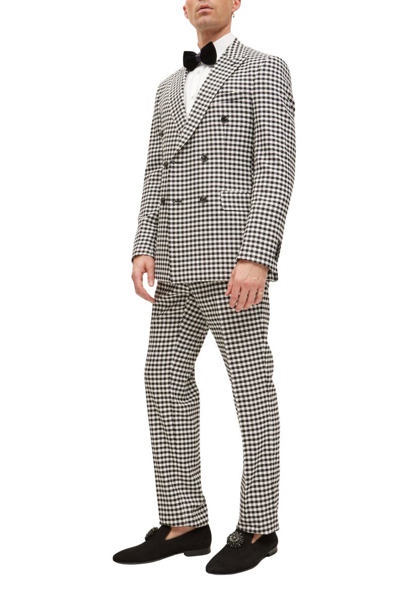 Trim Fit Check Print Peak Lapel Double Breasted Suit, Alternate, color, BLACK WHITE BLACK