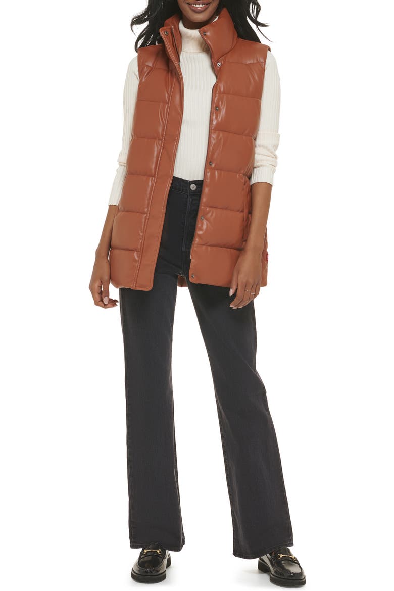 361™ Belted Water Resistant Faux Leather Puffer Vest, Alternate, color, CAMEL