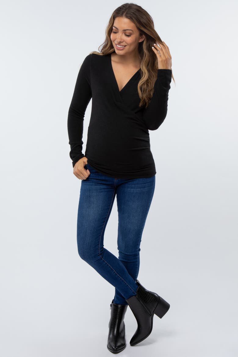 Brushed Knit Wrap Front Top, Alternate, color, Black