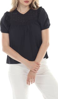 RAIN AND ROSE Eyelet Puff Sleeve Top