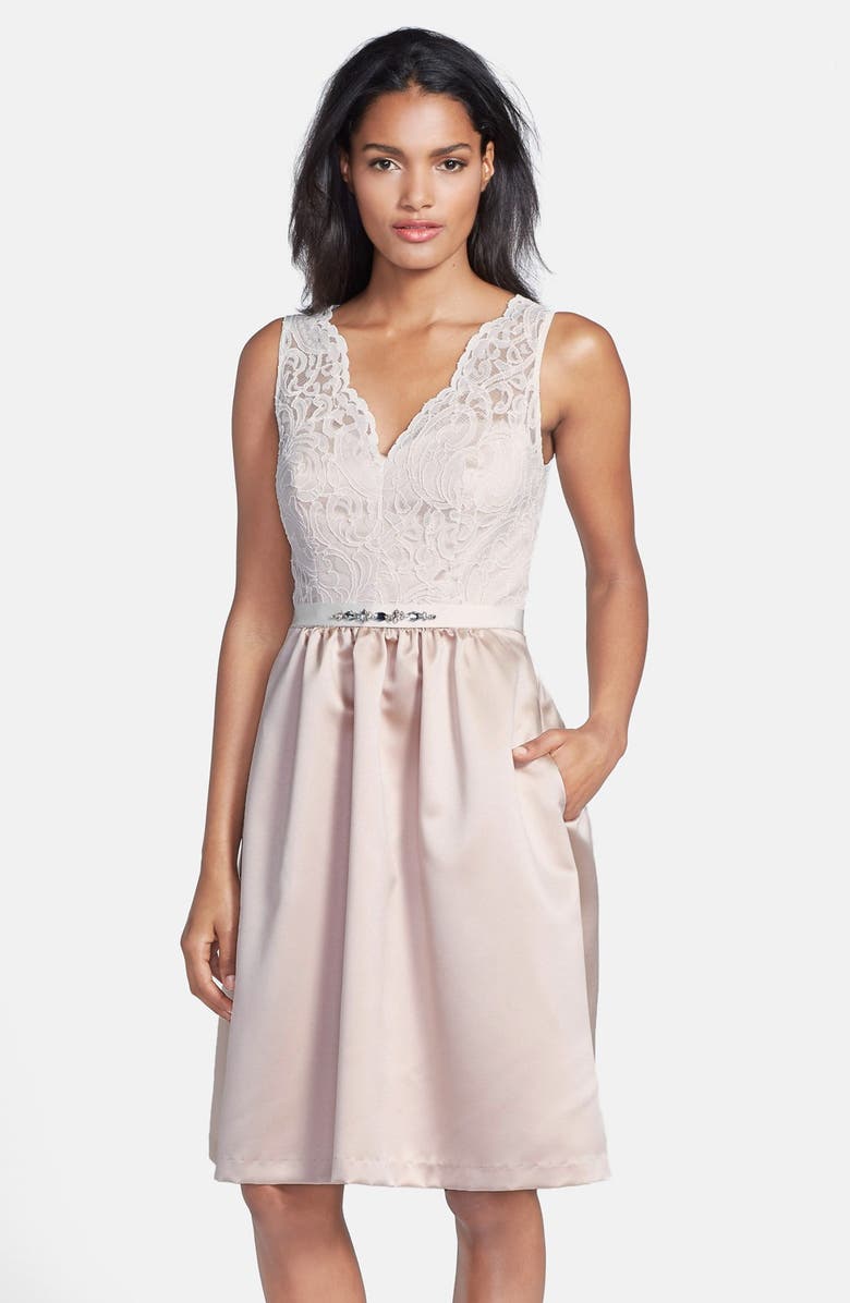 After Six Embellished Lace with Satin Fit & Flare Dress, Main, color,