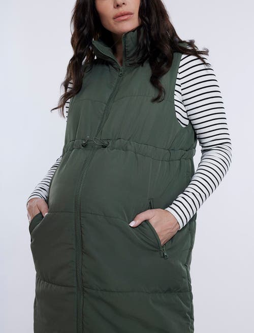 Motherhood Maternity Woven Full-zip Sleeveless Quilted Puffer Vest In Olive
