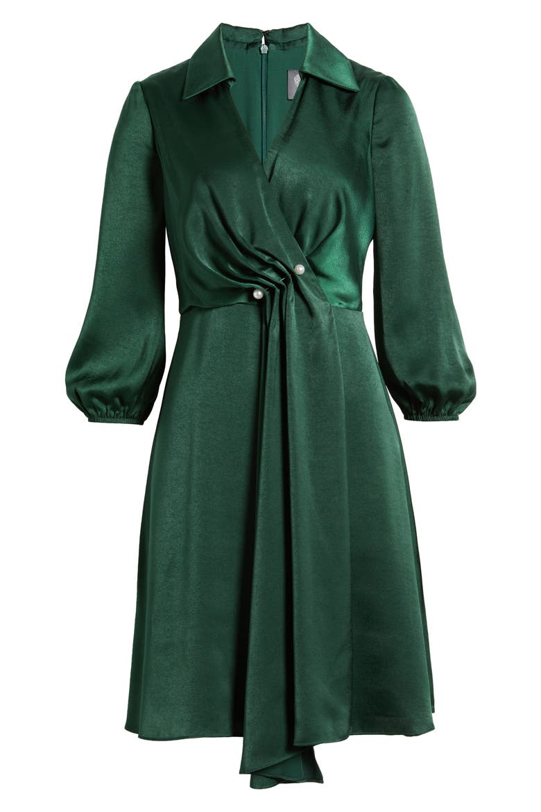 Faux Pearl Clasp Detail Satin Shirtdress, Alternate, color, GREEN
