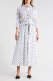 Ellen Tracy Stripe Long Sleeve Stretch Poplin Shirtdress