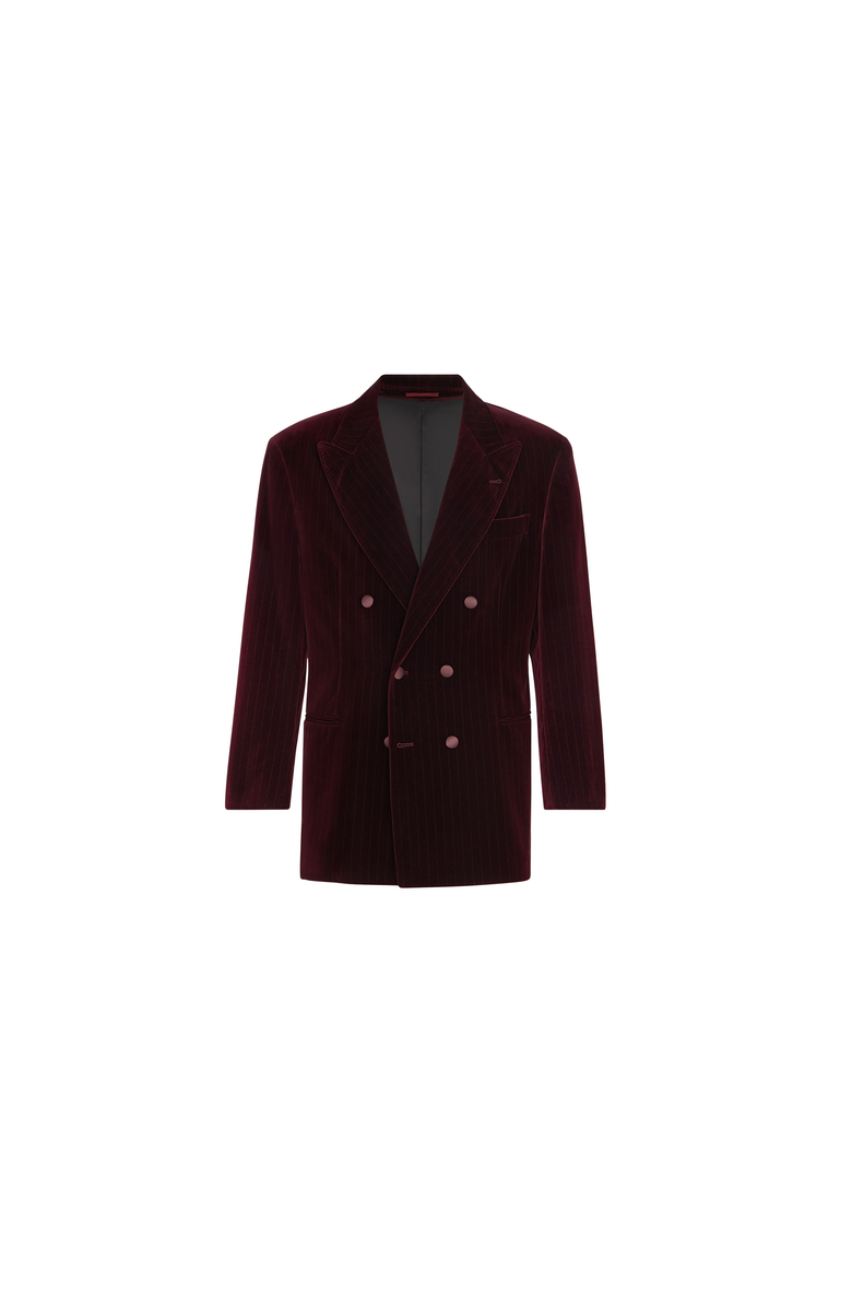 Brunello Cucinelli Cotton chalk stripe velvet one-and-a-half breasted tuxedo jacket with peak lapels, Alternate, color, Bordeaux