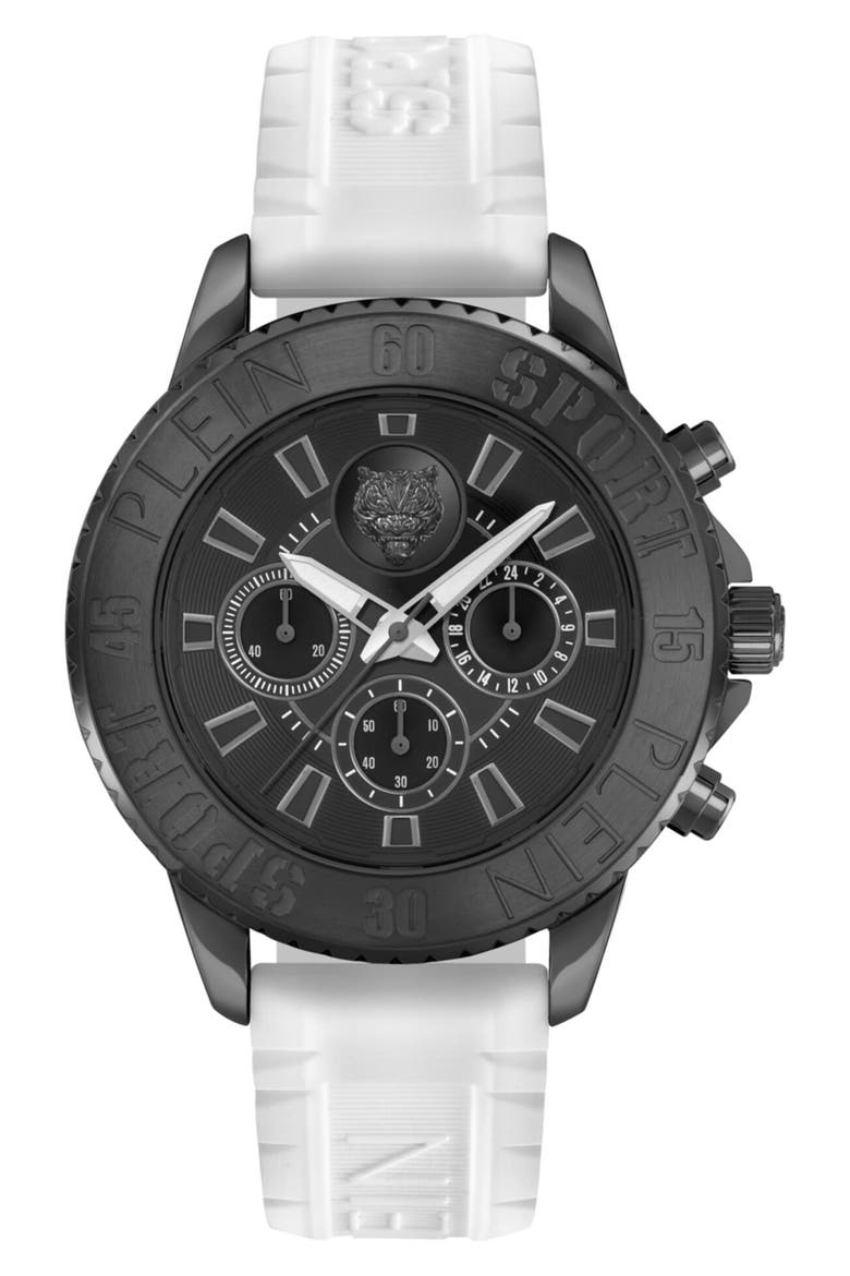 Glam Chrono Silicone Strap Watch, 44mm, Main, color, BLACK
