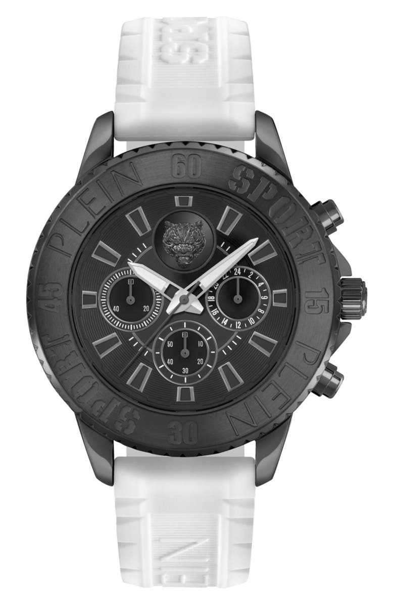 PLEIN SPORT Glam Chrono Silicone Strap Watch, 44mm, Main, color, Black