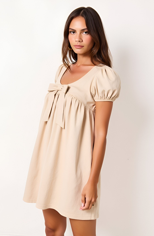 Modenaire Puff Sleeve Mini Dress With Bow Detail In Brown