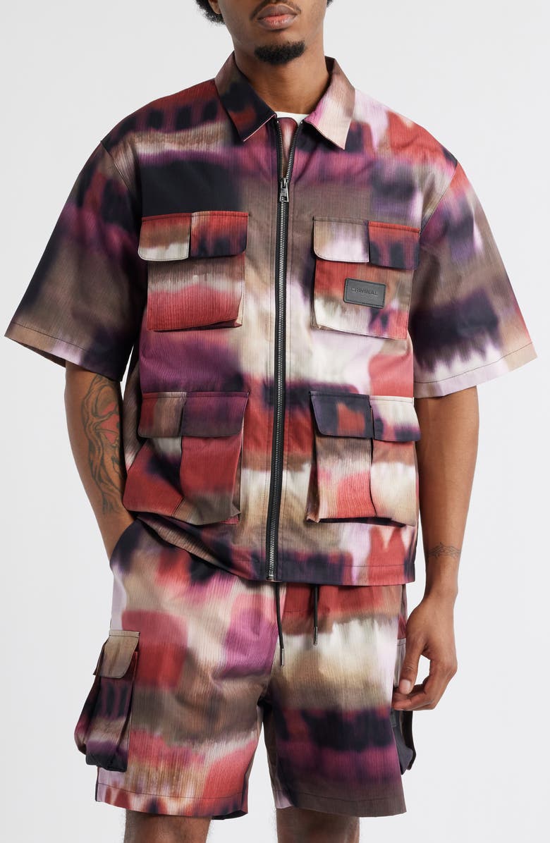 CRIMINAL DAMAGE Photo Print Short Sleeve Zip-Up Shirt, Main, color, 