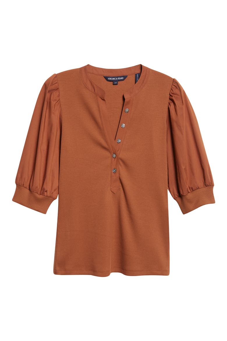 Coralee Puff Sleeve Mixed Media Henley Top, Alternate, color, MAHOGANY