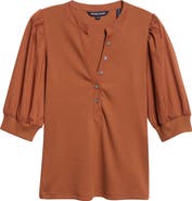 Veronica Beard Coralee Puff Sleeve Mixed Media Henley Top