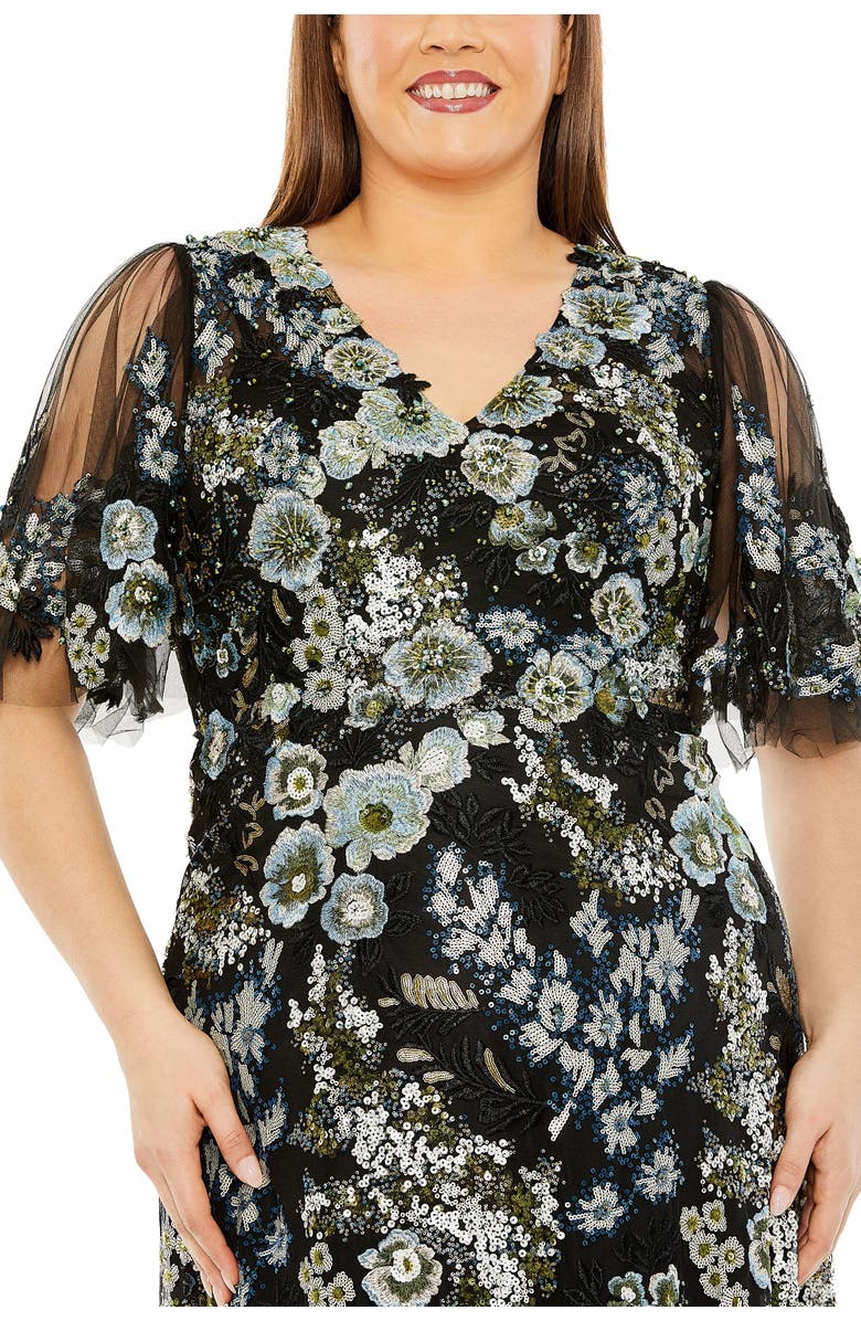Mac Duggal Sheer Sleeve V Neck Floral Embroidered Gown, Alternate, color, Black Multi