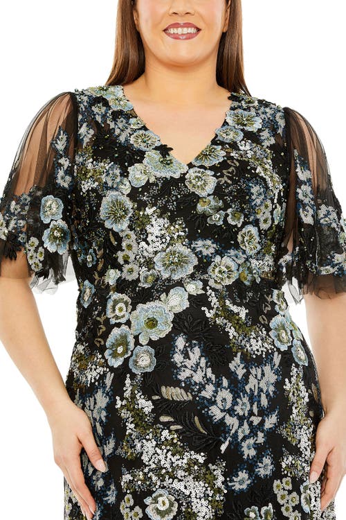 Mac Duggal Sheer Sleeve V Neck Floral Embroidered Gown In Black Multi