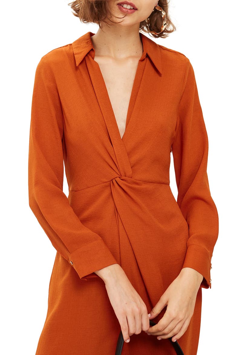 Twist Front Midi Dress, Alternate, color, BROWN