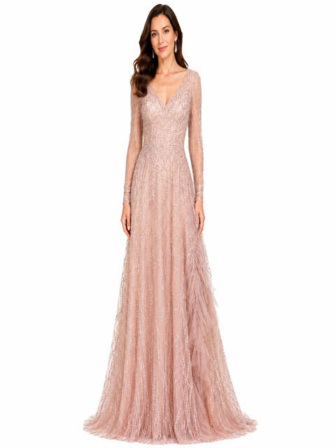 Long Sleeve V-Neck Lace Gown with Feathers
