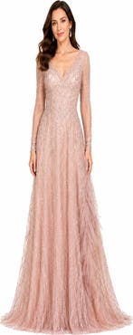 LARA New York Long Sleeve V-Neck Lace Gown with Feathers