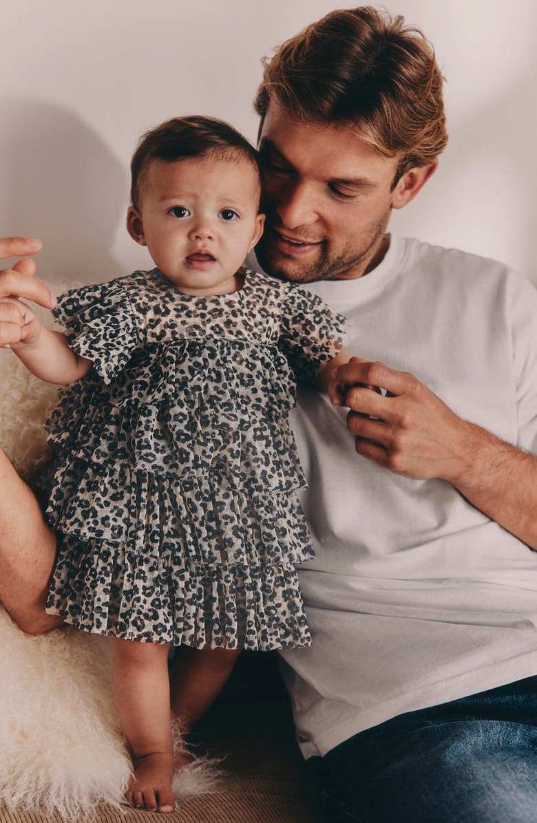 NEXT Leopard Print Ruffle Mesh Dress, Alternate, color, Beige Multi