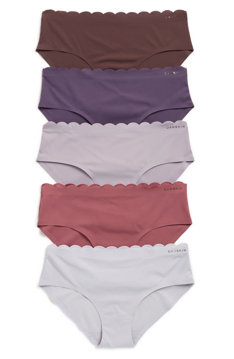 Danskin Assorted 5-Pack Scallop Hipster Briefs, Main, color, Violet/Cosmos/Wood/Mauve/Haze