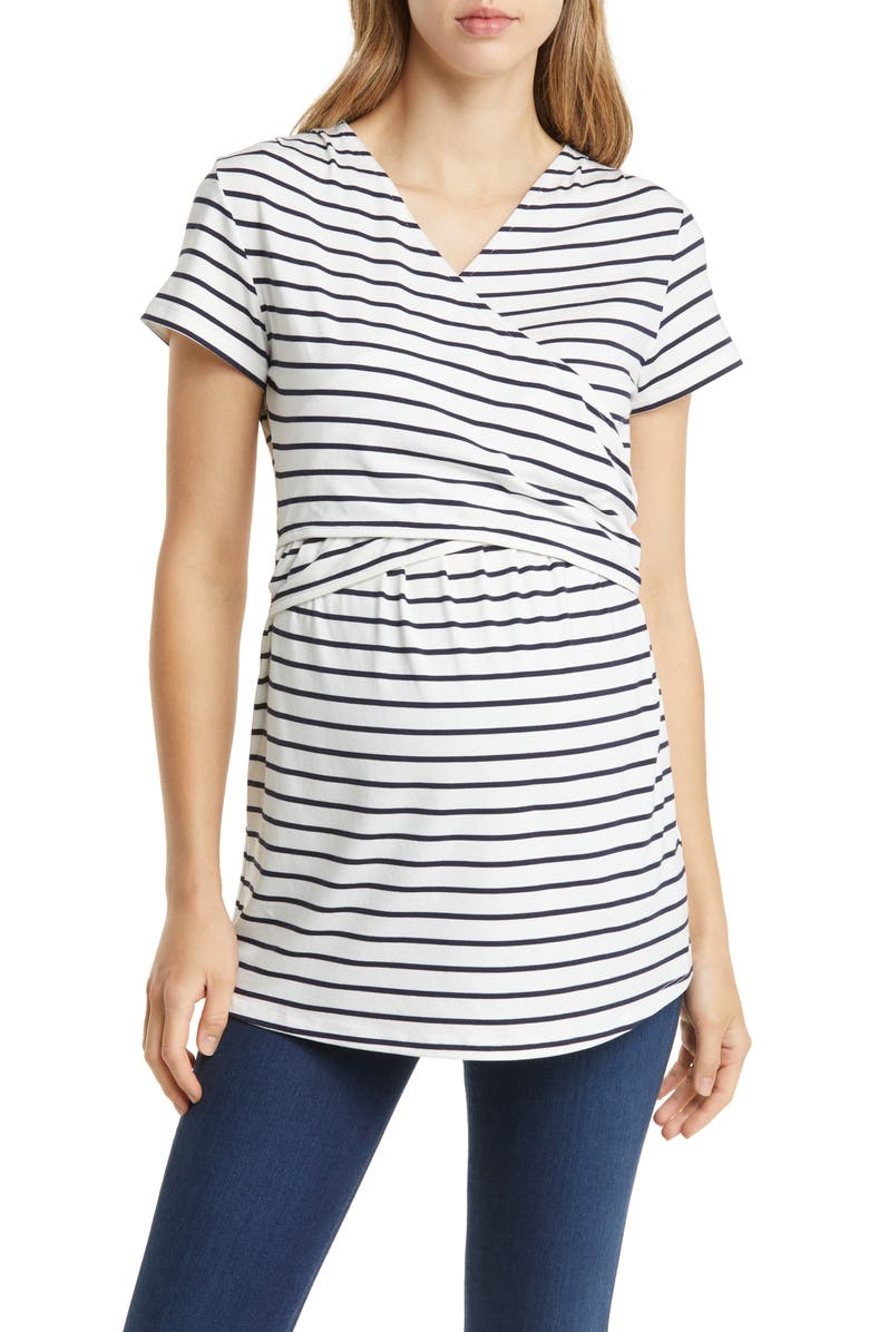 Angel Maternity Stripe Crossover Short Sleeve Maternity/Nursing Top, Main, color, 