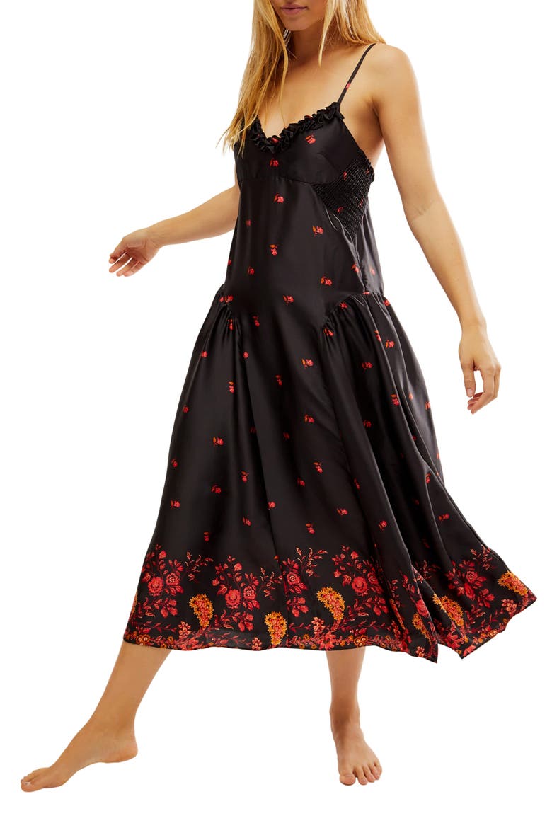 On My Own Floral Satin Nightgown, Main, color, BLACK COMBO