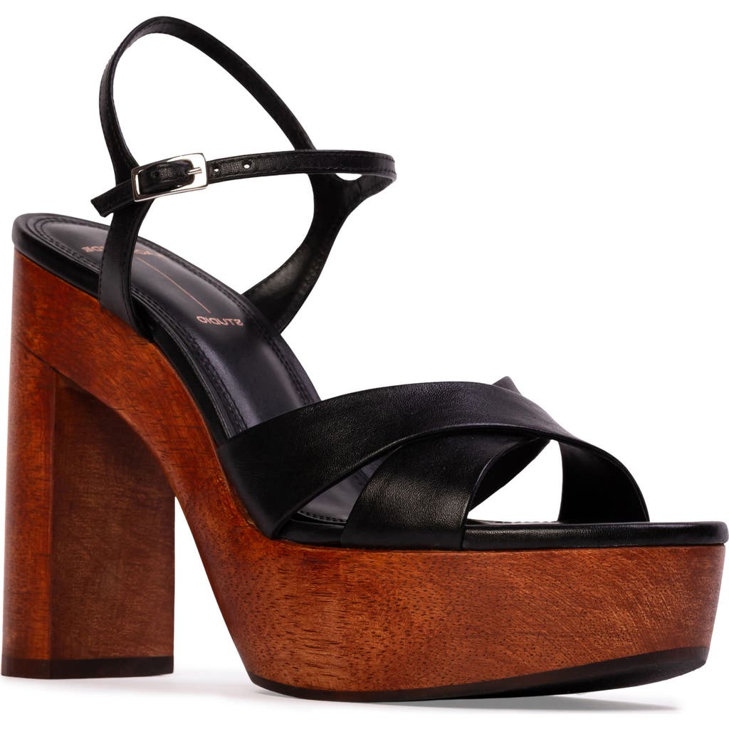 Black Suede Studio Rhae Leather Crisscross Platform Sandals In Black Leather