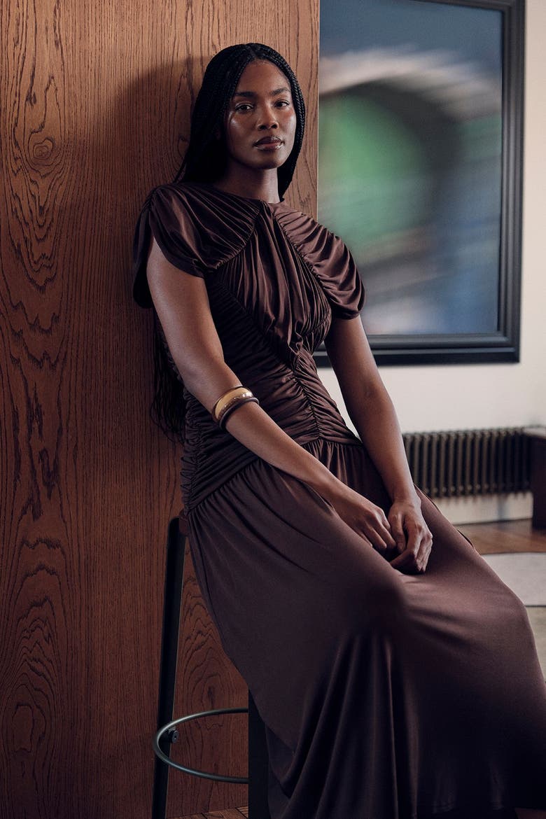 Ruched Jersey Maxi Dress, Alternate, color, Chocolate