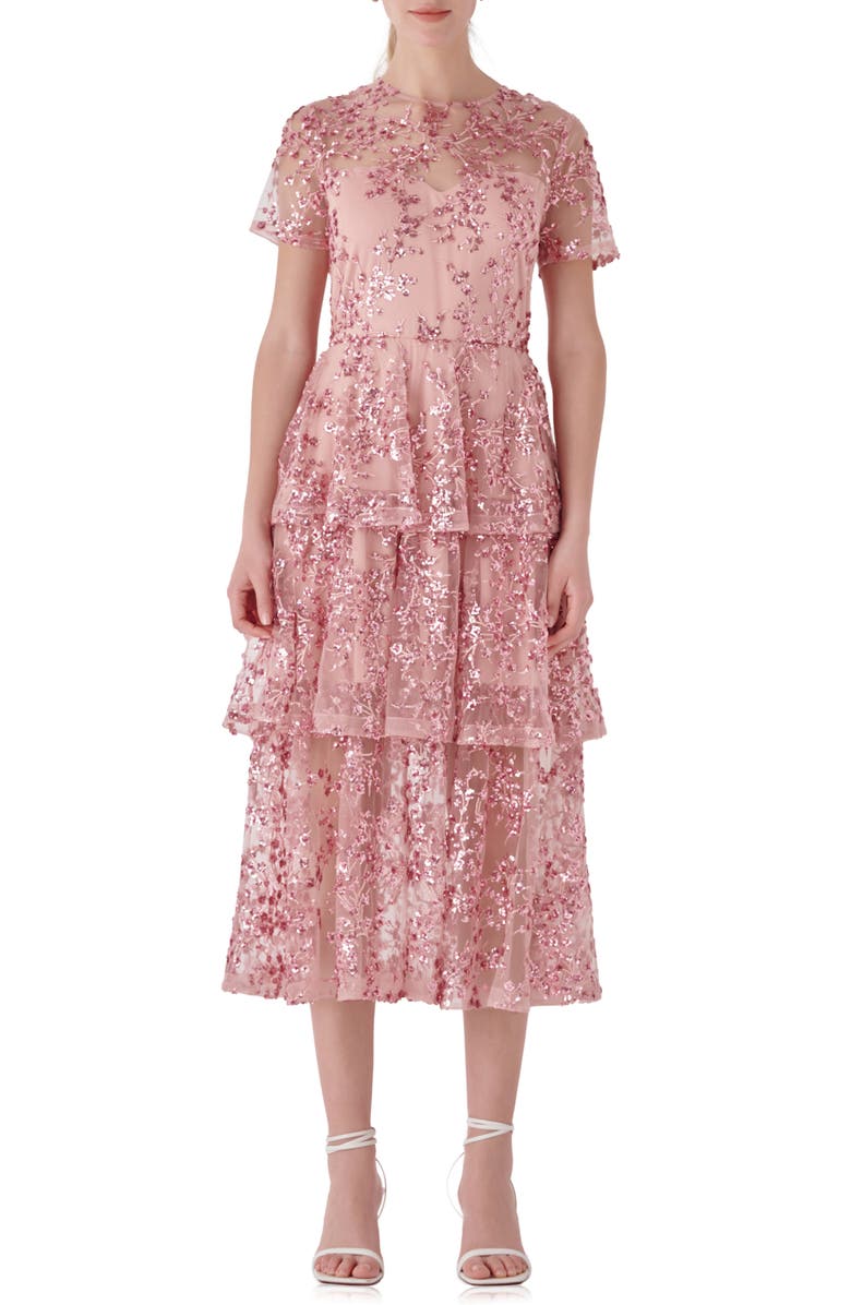 Endless Rose Sequin Embroidered Tiered Dress, Main, color, Pink