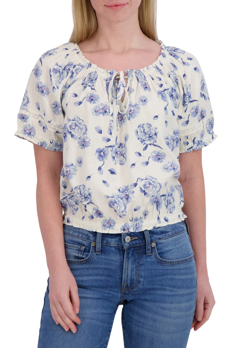 Floral Puff Sleeve Cotton Bubble Top, Main, color, BLUE FLORAL