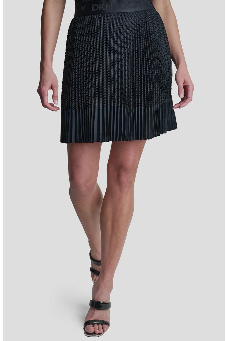 Logo Band Mixed Media Pleated Miniskirt, Main, color, NAVY
