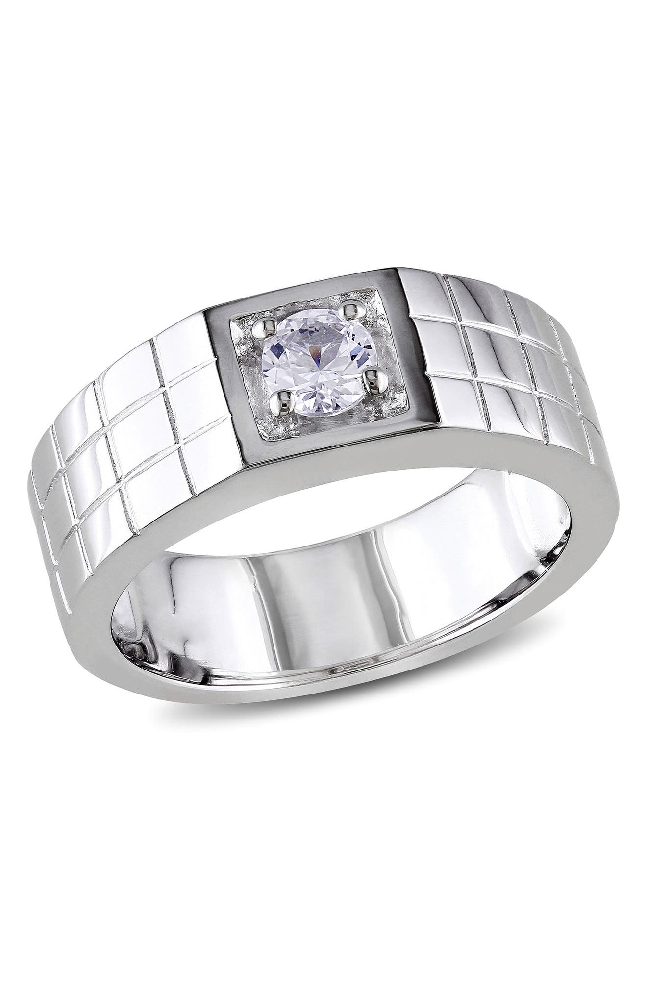 DELMAR Men's Sterling Silver Created White Sapphire Solitaire Ring
