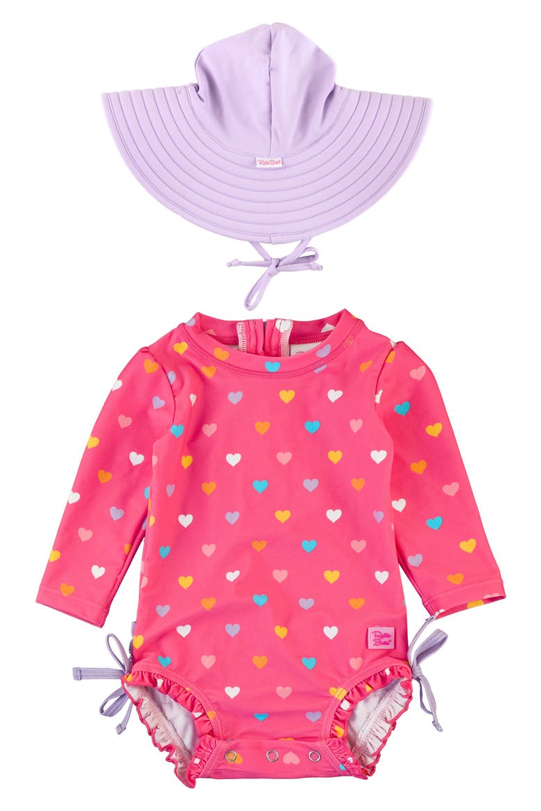 Colorful Hearts One-Piece Rashguard Swimsuit & Hat Set, Main, color, PINK