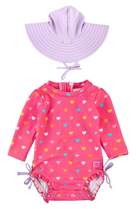 Colorful Hearts One-Piece Rashguard Swimsuit & Hat Set (Baby)