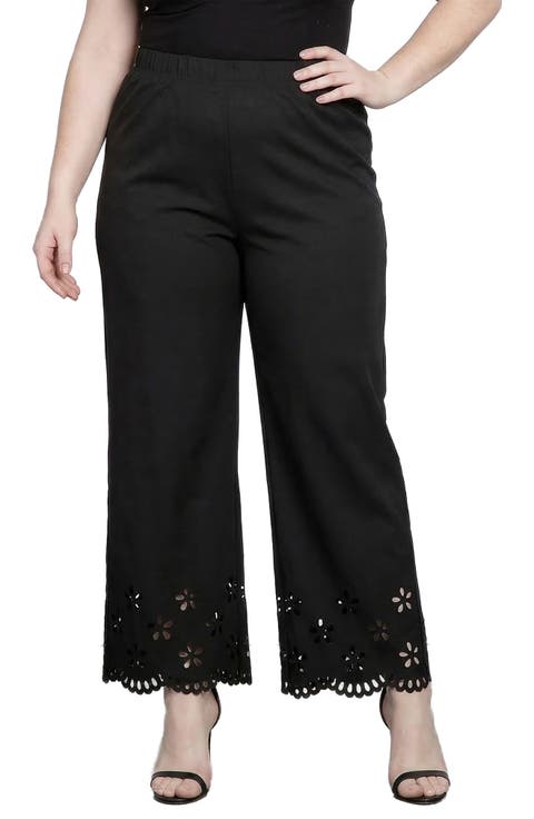 Floral Eyelet Hem Pull-On Pants (Plus)