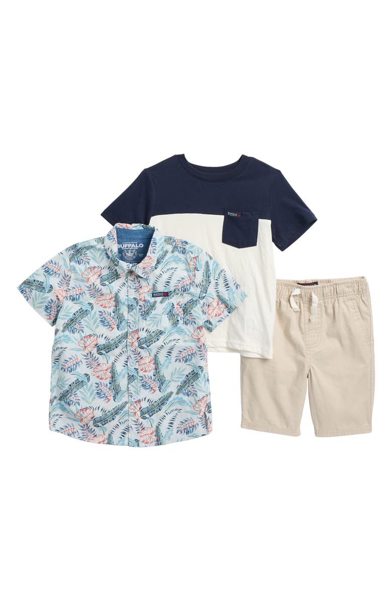 BUFFALO KIDS Kids' Pocket T-Shirt, Short Sleeve Woven Button-Up Shirt & Drawstring Shorts Set, Main, color, 