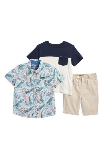 BUFFALO BUFFALO KIDS KIDS' FROND PRINT BUTTON-UP SHIRT, T-SHIRT & SHORTS SET