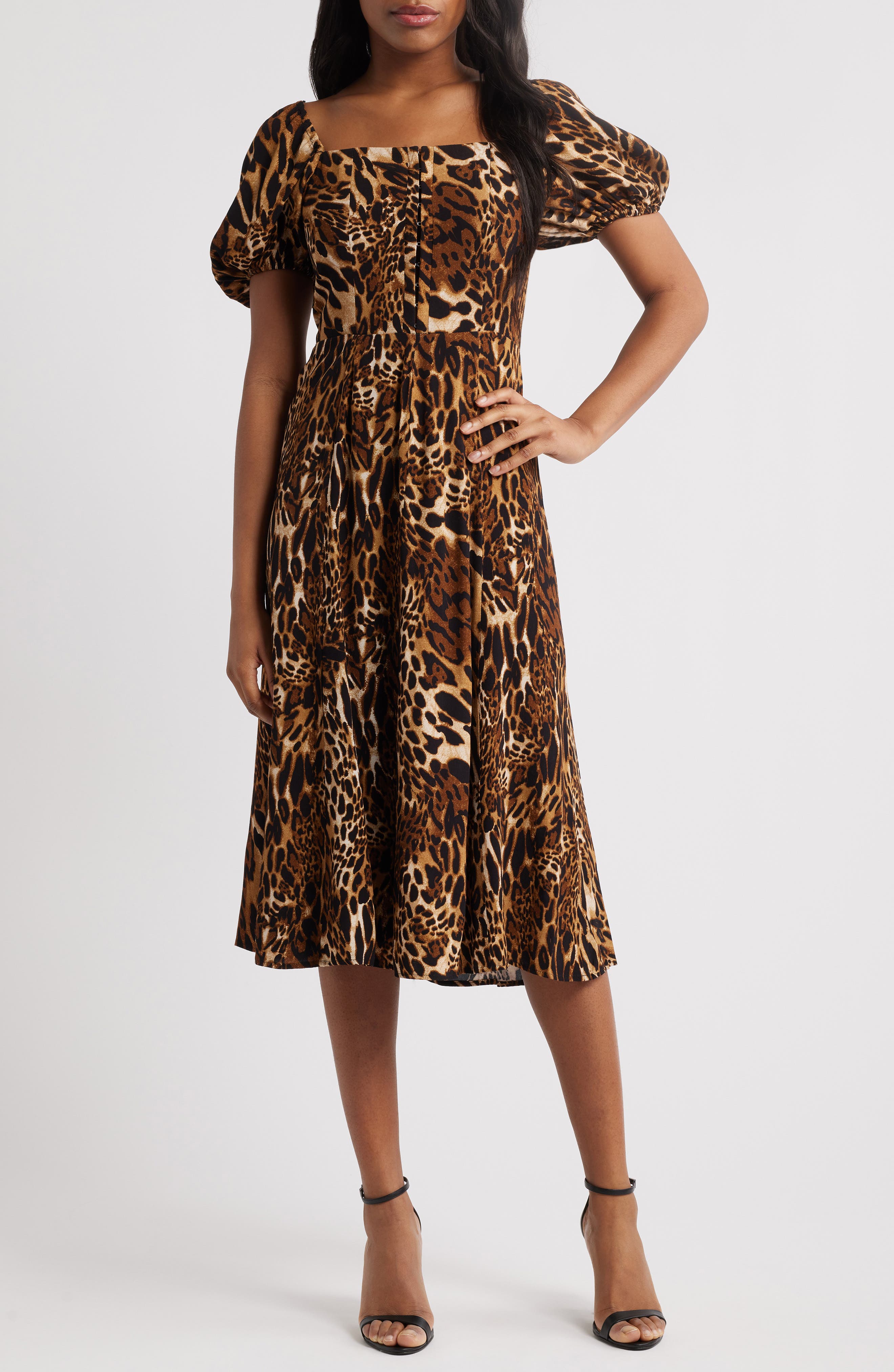 WAYF Leonie Leopard Print Puff Sleeve Midi Dress