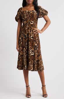 WAYF Leonie Leopard Print Puff Sleeve Midi Dress