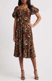 WAYF Leonie Leopard Print Puff Sleeve Midi Dress