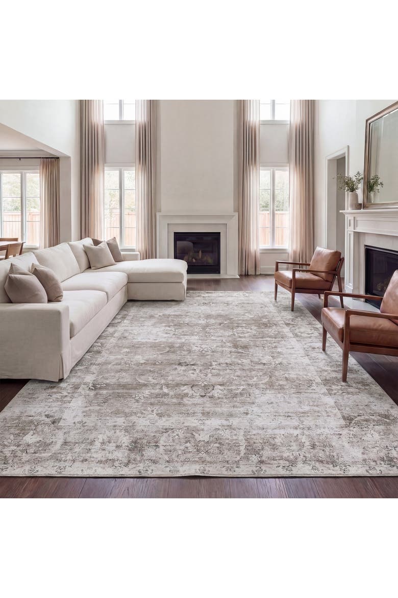 Arabella Vintage Floral Border Non-Slip Machine-Washable Beige/Cream 9 ft. x 12 ft. Area Rug, Alternate, color, Beige/Cream