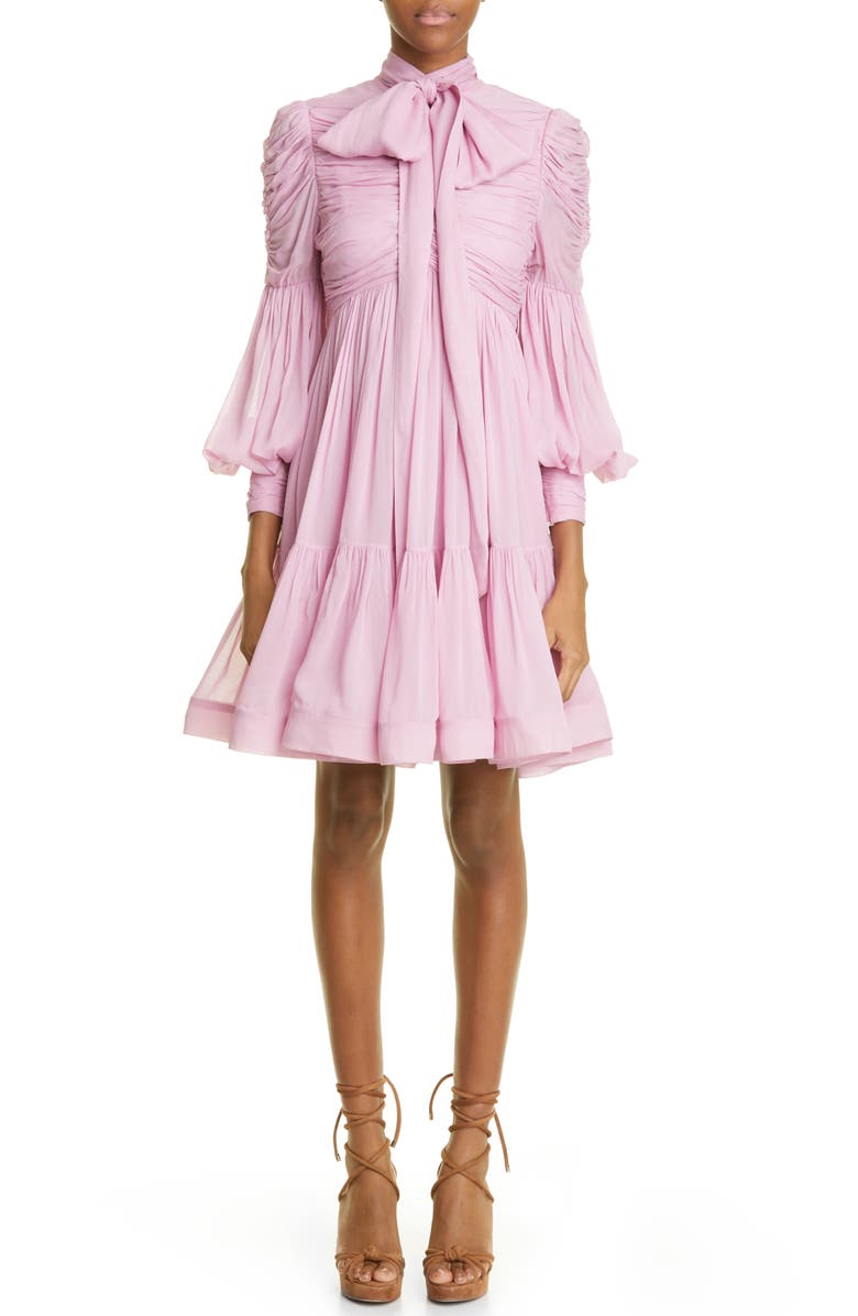 Zimmermann Celestial Ruched Tie Neck Chiffon Dress, Main, color, 
