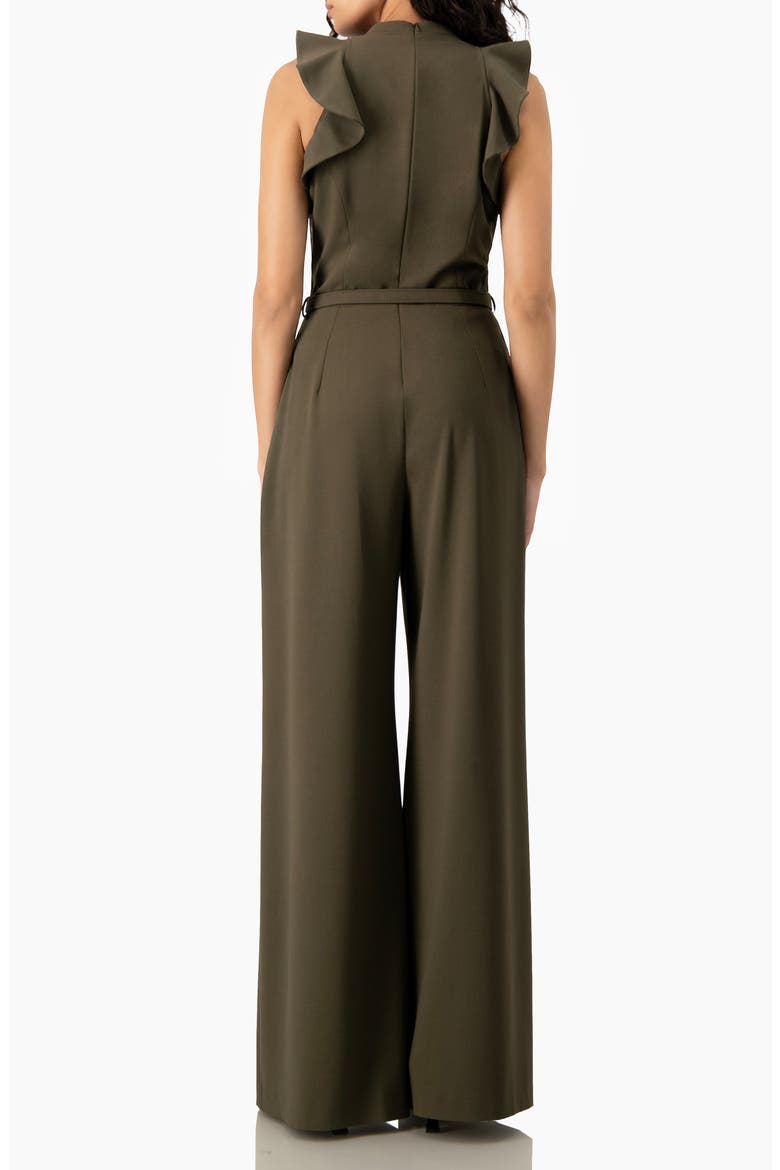 Sleeveless Ruffle-Shoulder Wide-Leg Belted Jumpsuit, Alternate, color, Olive Green