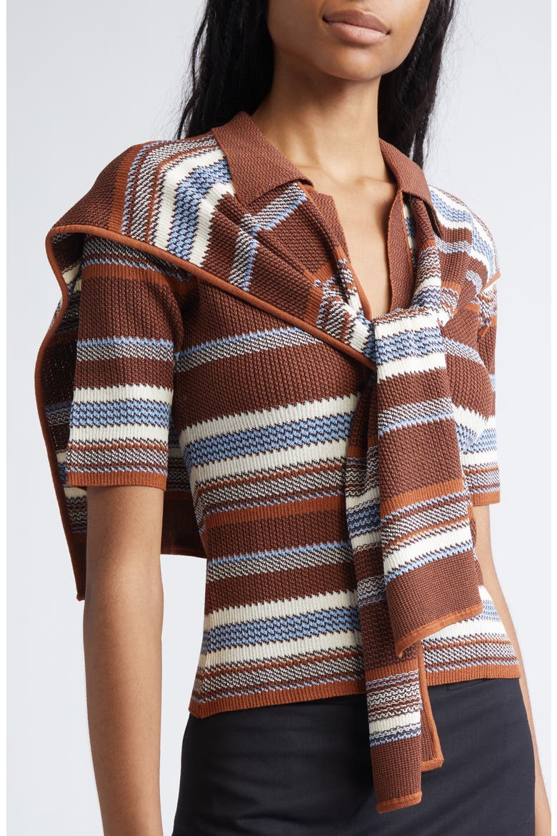 Tie Scarf Overlay Stripe Short Sleeve Sweater, Alternate, color, BROWN MULTI