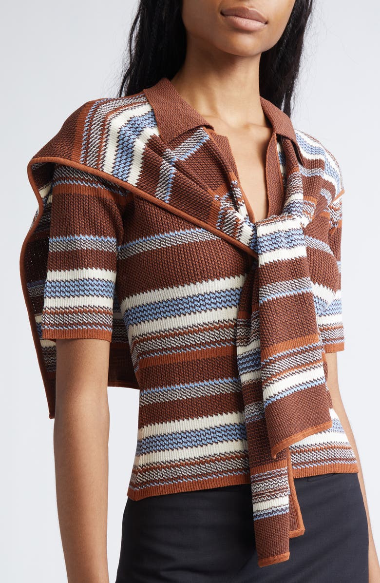 MONSE Tie Scarf Overlay Stripe Short Sleeve Sweater, Alternate, color, Brown Multi