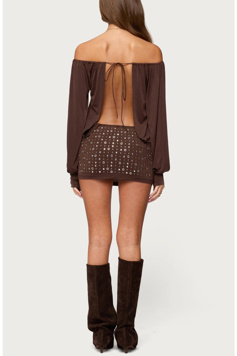 Stud Off the Shoulder Long Sleeve Backless Minidress, Alternate, color, BROWN